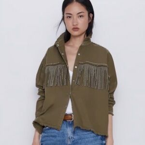 Zara Green Studded Fringe Shacket Overshirt